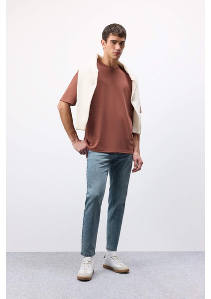 Oversize Geniş Kalıp Bisiklet Yaka Kısa Kollu Basic Düz Ağır Kumaş Tişört X3926AZ25SP