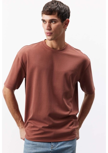 Oversize Geniş Kalıp Bisiklet Yaka Kısa Kollu Basic Düz Ağır Kumaş Tişört X3926AZ25SP