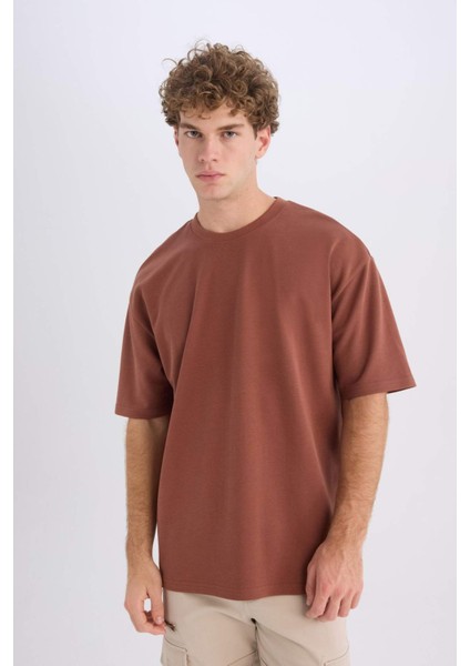 Oversize Geniş Kalıp Bisiklet Yaka Kısa Kollu Basic Düz Ağır Kumaş Tişört X3926AZ25SP
