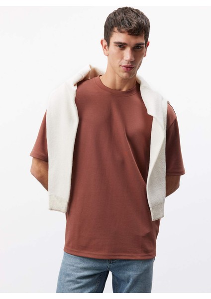 Oversize Geniş Kalıp Ütü Gerektirmeyen Bisiklet Yaka Kısa Kollu Basic Düz Ağır Kumaş Tişört X3926AZ25SP
