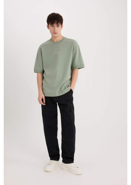 Loose Fit Bisiklet Yaka Baskılı Ağır Kumaş Tişört D8462AX25SP