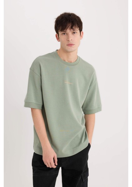 Loose Fit Bisiklet Yaka Baskılı Ağır Kumaş Tişört D8462AX25SP