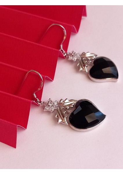 925 Ayar Gümüş Zirkon Taşlı Siyah Kalp Trend Kadın Küpe Sevgililer Günü Hediye