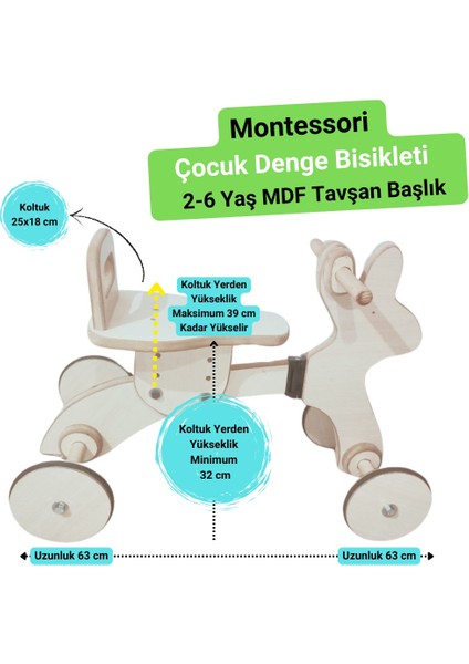 Montessori Çocuk Denge Bisikleti 2-6 Yaş / Mdf Tavşan Başlıklı Tasarım