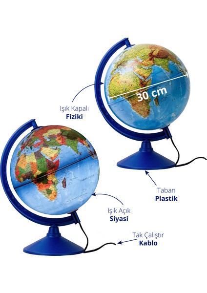 Işıklı Fiziki Küre 30 cm (Fiziki+Siyasi) 41301