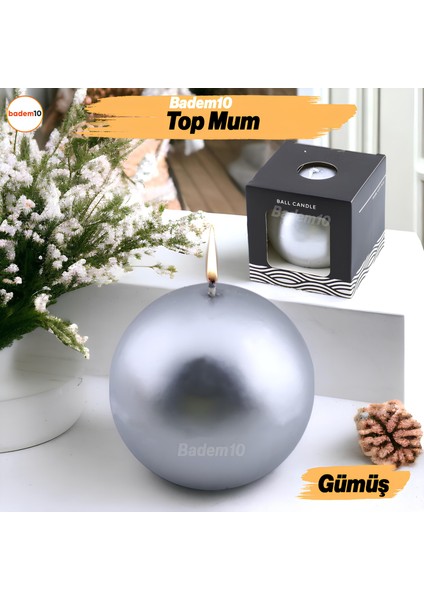 Top Mum 8 cm Dekoratif Mumu Kandil Hediyelik Fitilli Mumluk Şamdan Metalik Boya Gümüş Kokusuz