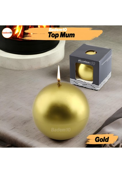 Top Mum 8 cm Dekoratif Mumu Kandil Hediyelik Fitilli Mumluk Şamdan Metalik Boya Gold Altın Kokusuz