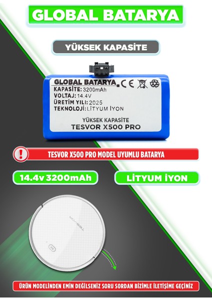 Tesvor X500 Pro Akıllı Robot Süpürge Bataryası 14.4v 3200mAh Li-ion Pil (Yüksek Kapasite)