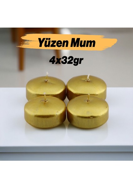 Yüzen Mum 4'lü Dekoratif Mumu Kandil Hediyelik Fitilli Mumluk Şamdan Metalik Boya Gold Altın