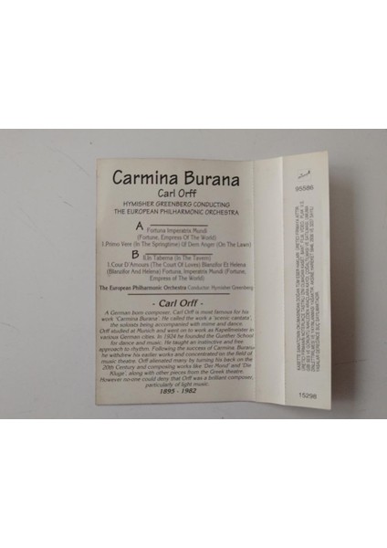 Carmina Burana - Carl Orff (1995 Türkiye Basım Kaset) 2.el fiyatları