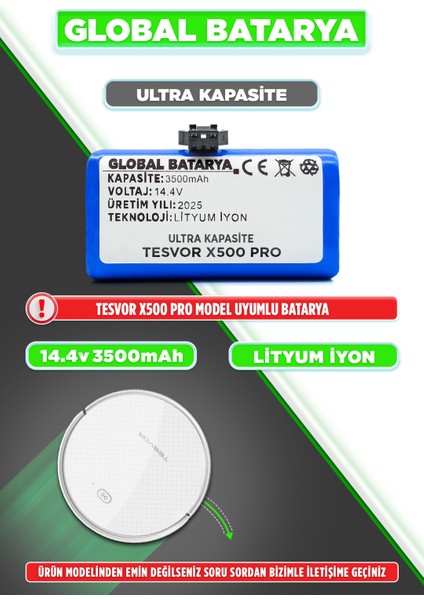 Tesvor X500 Pro Uyumlu Akıllı Robot Süpürge Bataryası 14.4V 3500MAH Li-Ion Pil (Ultra Kapasite)