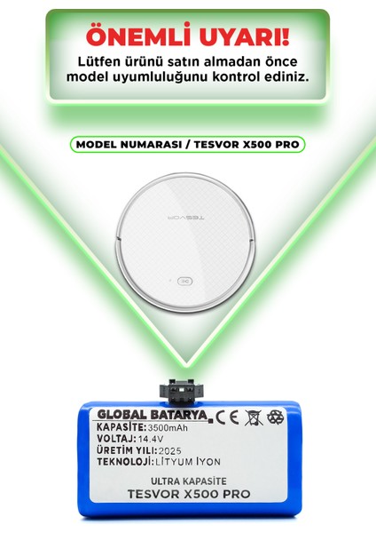 Tesvor X500 Pro Uyumlu Akıllı Robot Süpürge Bataryası 14.4V 3500MAH Li-Ion Pil (Ultra Kapasite)