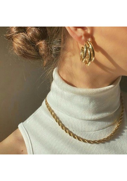 Lotusdesign Üç Halkalı Gold Çelik Küpe Tek Girişli
