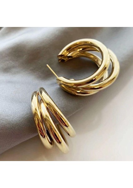 Lotusdesign Üç Halkalı Gold Çelik Küpe Tek Girişli
