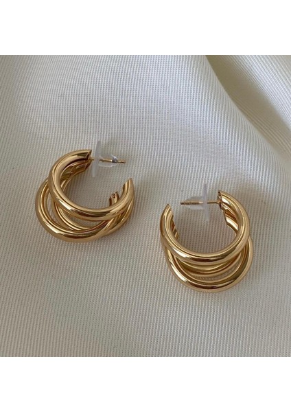 Lotusdesign Üç Halkalı Gold Çelik Küpe Tek Girişli