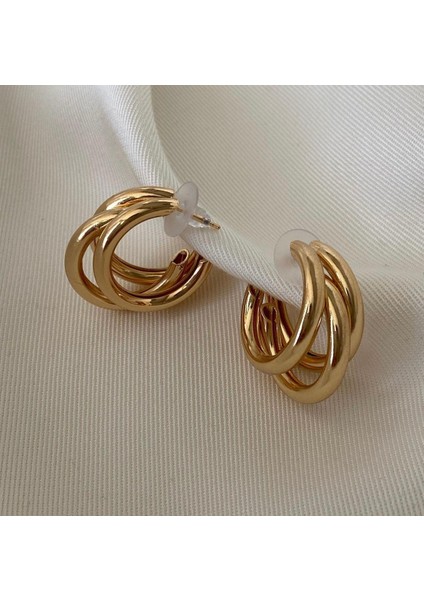 Lotusdesign Üç Halkalı Gold Çelik Küpe Tek Girişli