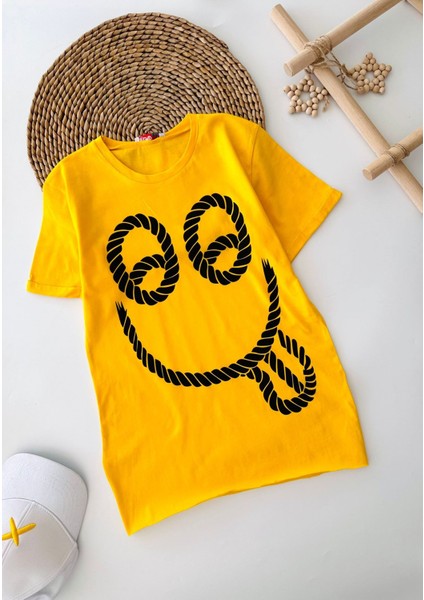 Emoji Baskılı Yırtmaçlı Kız Çocuk Tşört - Sarı