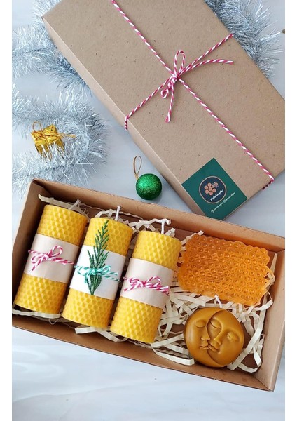 Dekoratif Doğal Petek Balmumu Mum 3 Adet 4.5 cm x 10 cm Ay ve Güneş Mum Gerçek Ballı Sabun Hediyelik Set Beeswax Candle