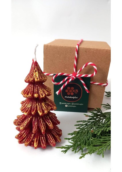 Doğal Petek Balmumu Mum Kırmızı Altın Simli Çam Ağacı Boy 8.5 cm Bal Mumu Beeswax Candle