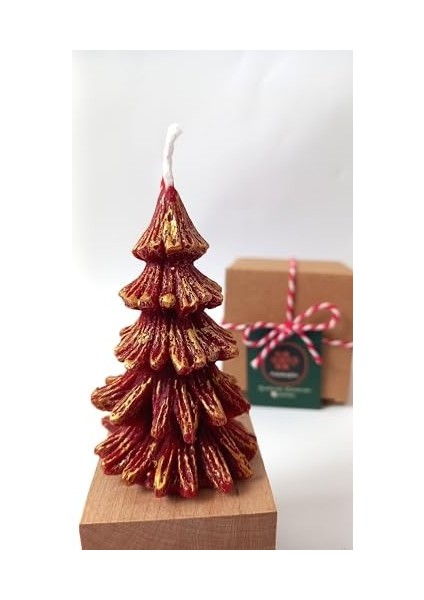 Doğal Petek Balmumu Mum Kırmızı Altın Simli Çam Ağacı Boy 8.5 cm Bal Mumu Beeswax Candle