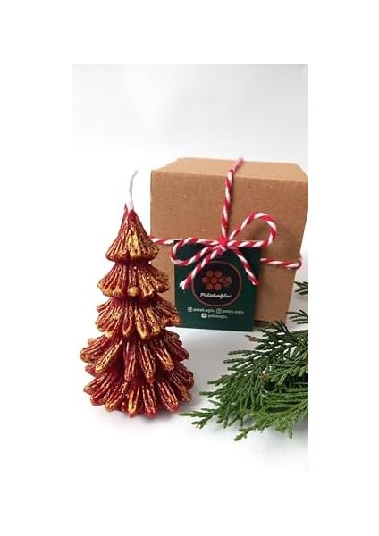 Doğal Petek Balmumu Mum Kırmızı Altın Simli Çam Ağacı Boy 8.5 cm Bal Mumu Beeswax Candle