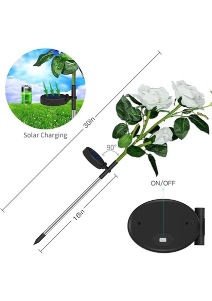2 Adet Solar Güneş Enerjili, Beyaz Gül Dalı, Gerçekliği Artırılmış, Havuz Kenarı, Peyzaj Süslemeleri İçin, IP65 Su Geçirmezlik, Beyaz Led, 80 cm Büyük Boy modelleri