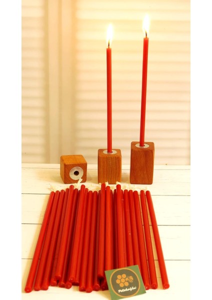 (50 Adet) Balmumu Mum ve (3 Adet) Özel Dizayn Ahşap Mumluk Dilek Mumu Doğal Petek Mum Tören Parti Doğum Günü Beeswax Candle (Kırmızı)