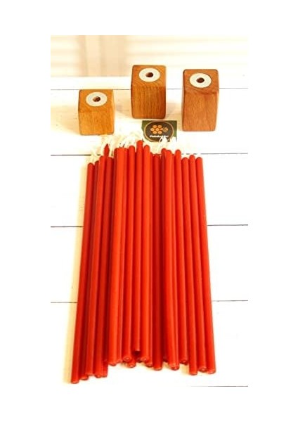 (50 Adet) Balmumu Mum ve (3 Adet) Özel Dizayn Ahşap Mumluk Dilek Mumu Doğal Petek Mum Tören Parti Doğum Günü Beeswax Candle (Kırmızı)
