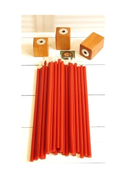 (50 Adet) Balmumu Mum ve (3 Adet) Özel Dizayn Ahşap Mumluk Dilek Mumu Doğal Petek Mum Tören Parti Doğum Günü Beeswax Candle (Kırmızı)