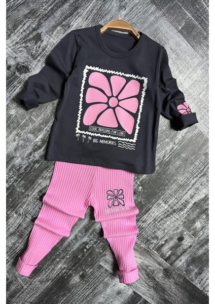 Çerçeveli Çiçek Desen Fitilli Kız Çocuk taytlı takım - Pembe