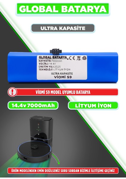 Viomi S9 Uyumlu Akıllı Robot Süpürge Bataryası 14.4V 7000MAH Li-Ion Pil (Ultra Kapasite)
