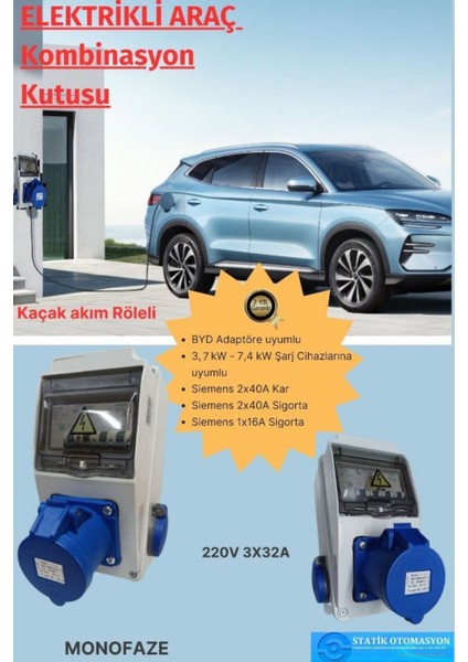ST-ŞARJ-M Monofaze Elektrikli Araç Kombinasyon Kutusu; Byd Adaptöre Uyumlu