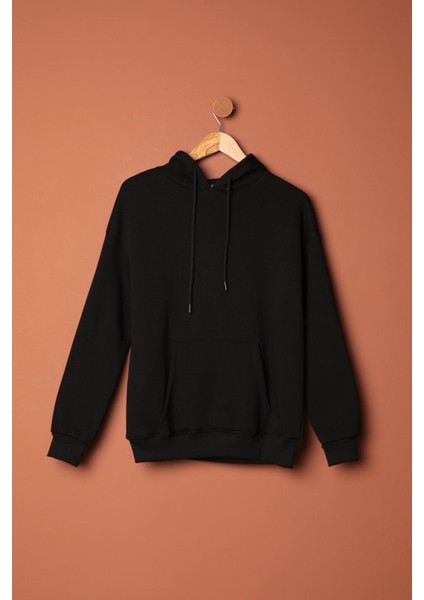 Üç Iplik Kanguru Cep Kapüşonlu Kadın Siyah Sweat modelleri