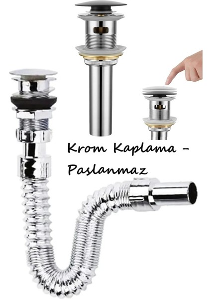 Krom Basmalı Pop-Up Aç Kapa Koku Engelleyici Körüklü Uzayan Lavabo Sifonu Gideri Evye Su Borusu