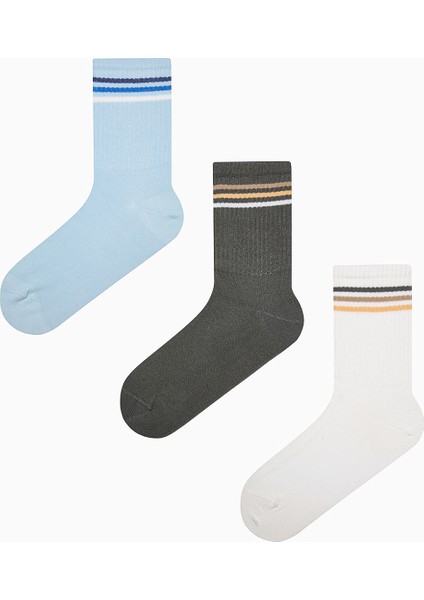 Colored Triple Stripe Mavi Yeşil 3lü Soket Çorap