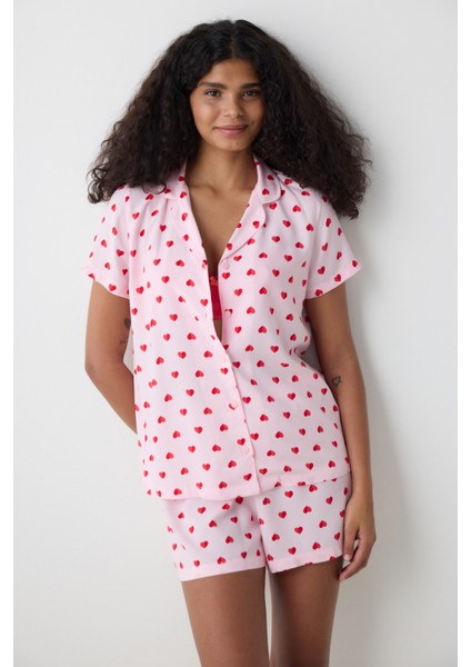 Amour Gömlek Şortlu Pembe Pijama Takımı - Loves Paris Koleksiyonu