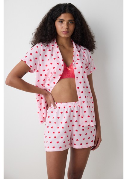 Amour Gömlek Şortlu Pembe Pijama Takımı - Loves Paris Koleksiyonu
