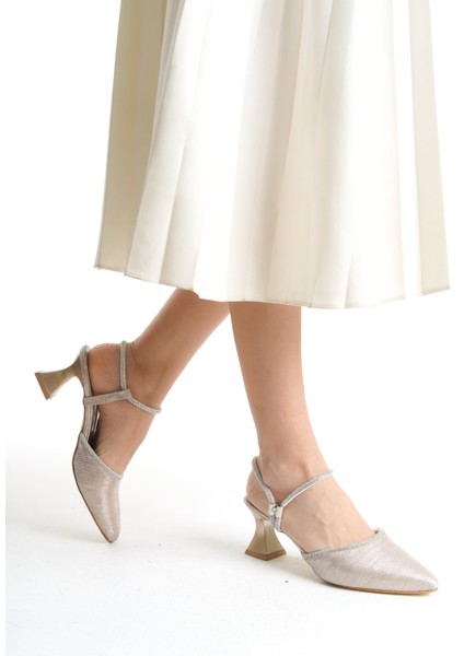 Gold Simli Taşlı Kısa Topuklu Kadın Abiye Ayakkabı fiyatları