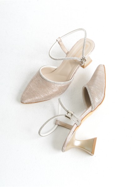 Gold Simli Taşlı Kısa Topuklu Kadın Abiye Ayakkabı modelleri