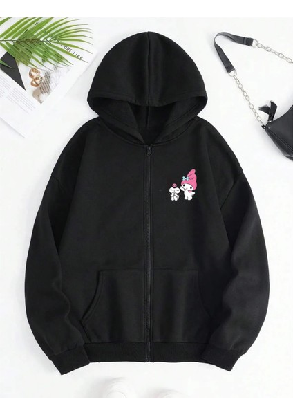 Hello Kitty Kuromi Baskılı Kapüşonlu Kanguru Cepli Oversize Mevsimlik Fermuarlı Sweatshirt /hırka fiyatları