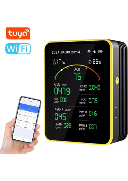 15'li AQI,TEMP,HUMI,CO2,HCHO,CO,TVOC,PM2.5,PM10,PM1.0,PM0.3 Dedektör Taşınabilir Ev Ofis Hava Kalitesi Ölçüm Cihazı fiyatları