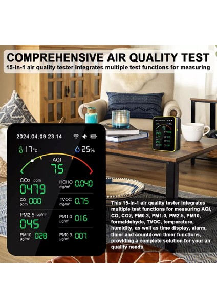15'li AQI,TEMP,HUMI,CO2,HCHO,CO,TVOC,PM2.5,PM10,PM1.0,PM0.3 Dedektör Taşınabilir Ev Ofis Hava Kalitesi Ölçüm Cihazı modelleri