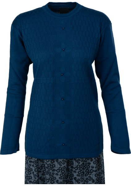 Kadın Kışlık Pamuklu Triko Dokuma Anne Kazak Boncuklu Bahçem Motifli Armut Yakalı Rahat