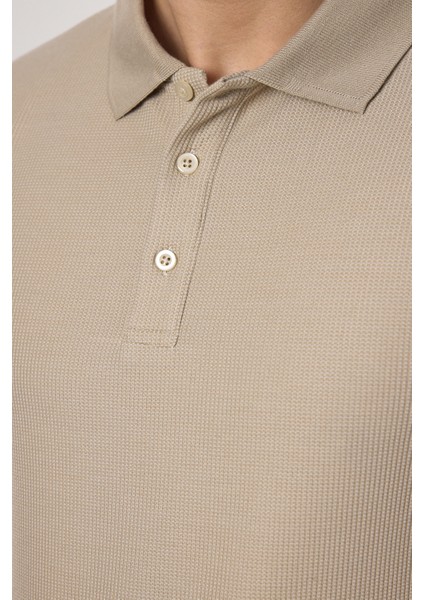 Lewin Erkek Bej %100 Pamuk Waffle Çekmeyen Esneyen Kumaş Slim Fit Uzun Kol Polo Tişört fiyatları