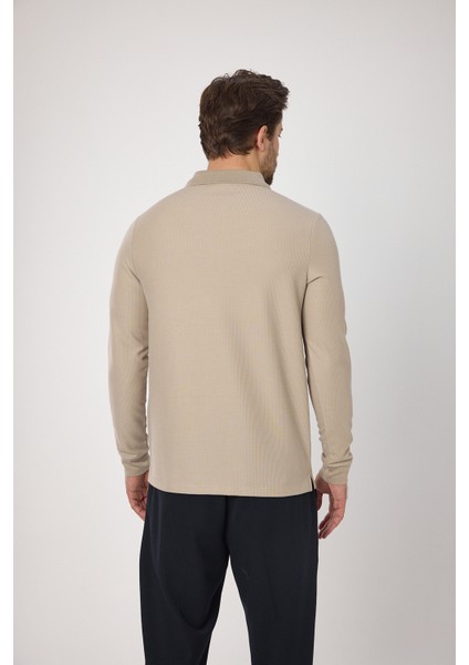 Lewin Erkek Bej %100 Pamuk Waffle Çekmeyen Esneyen Kumaş Slim Fit Uzun Kol Polo Tişört fırsatları