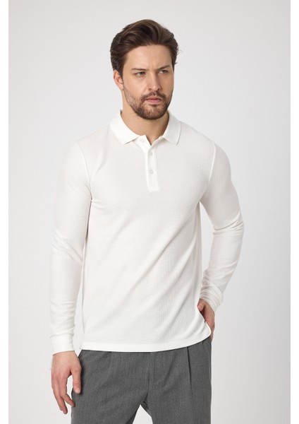 Lewin Erkek Ekru %100 Pamuk Waffle Çekmeyen Esneyen Kumaş Slim Fit Uzun Kol Polo Tişört