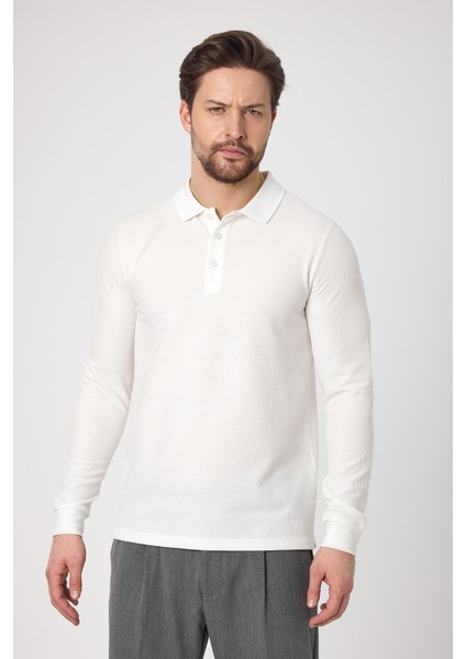Lewin Erkek Ekru %100 Pamuk Waffle Çekmeyen Esneyen Kumaş Slim Fit Uzun Kol Polo Tişört