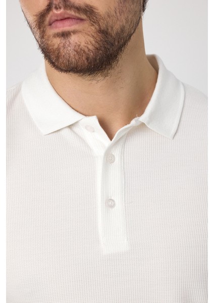 Lewin Erkek Ekru %100 Pamuk Waffle Çekmeyen Esneyen Kumaş Slim Fit Uzun Kol Polo Tişört