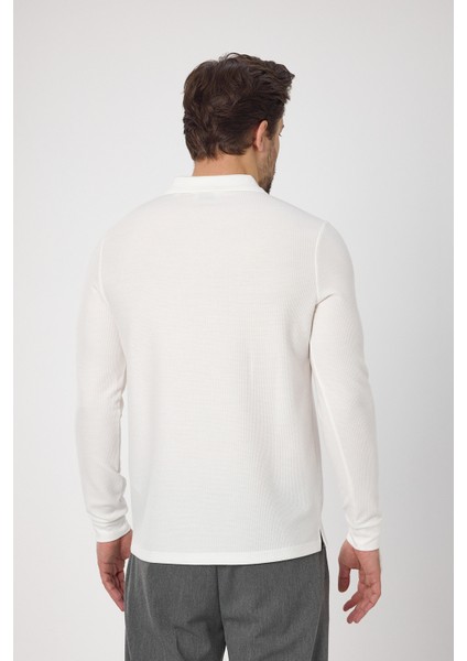 Lewin Erkek Ekru %100 Pamuk Waffle Çekmeyen Esneyen Kumaş Slim Fit Uzun Kol Polo Tişört