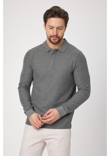 Lewin Erkek Gri %100 Pamuk Waffle Çekmeyen Esneyen Kumaş Slim Fit Uzun Kol Polo Tişört